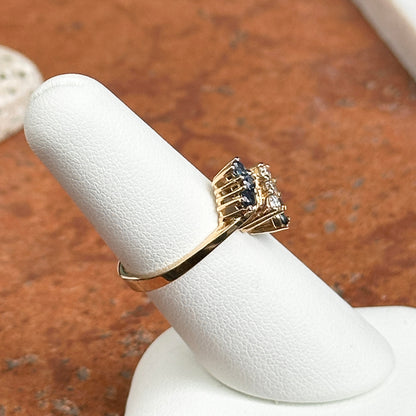 Estate 14KT Yellow Gold Blue Sapphire + Diamond Cluster Ring