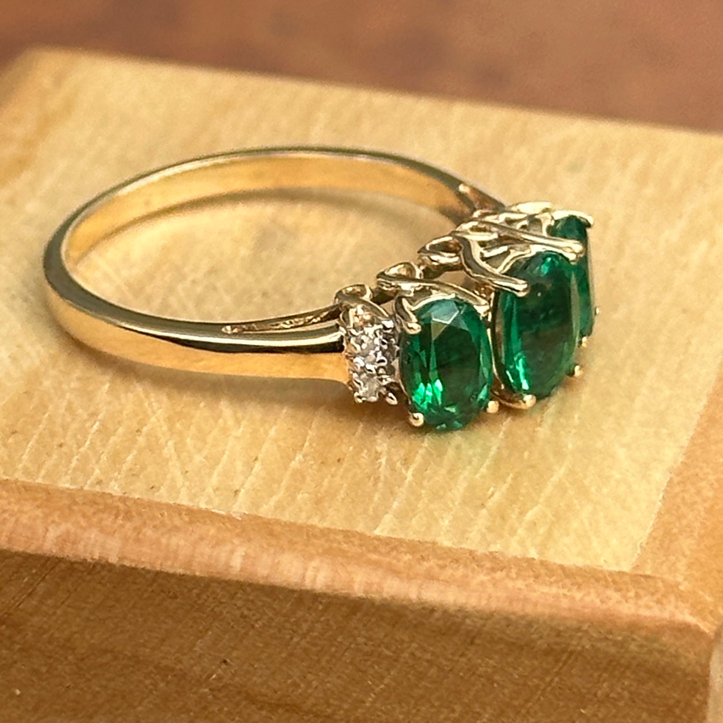 Estate 14KT Yellow Gold Three Stone Oval Lab Emerald + Diamond Ring Custom Size 9