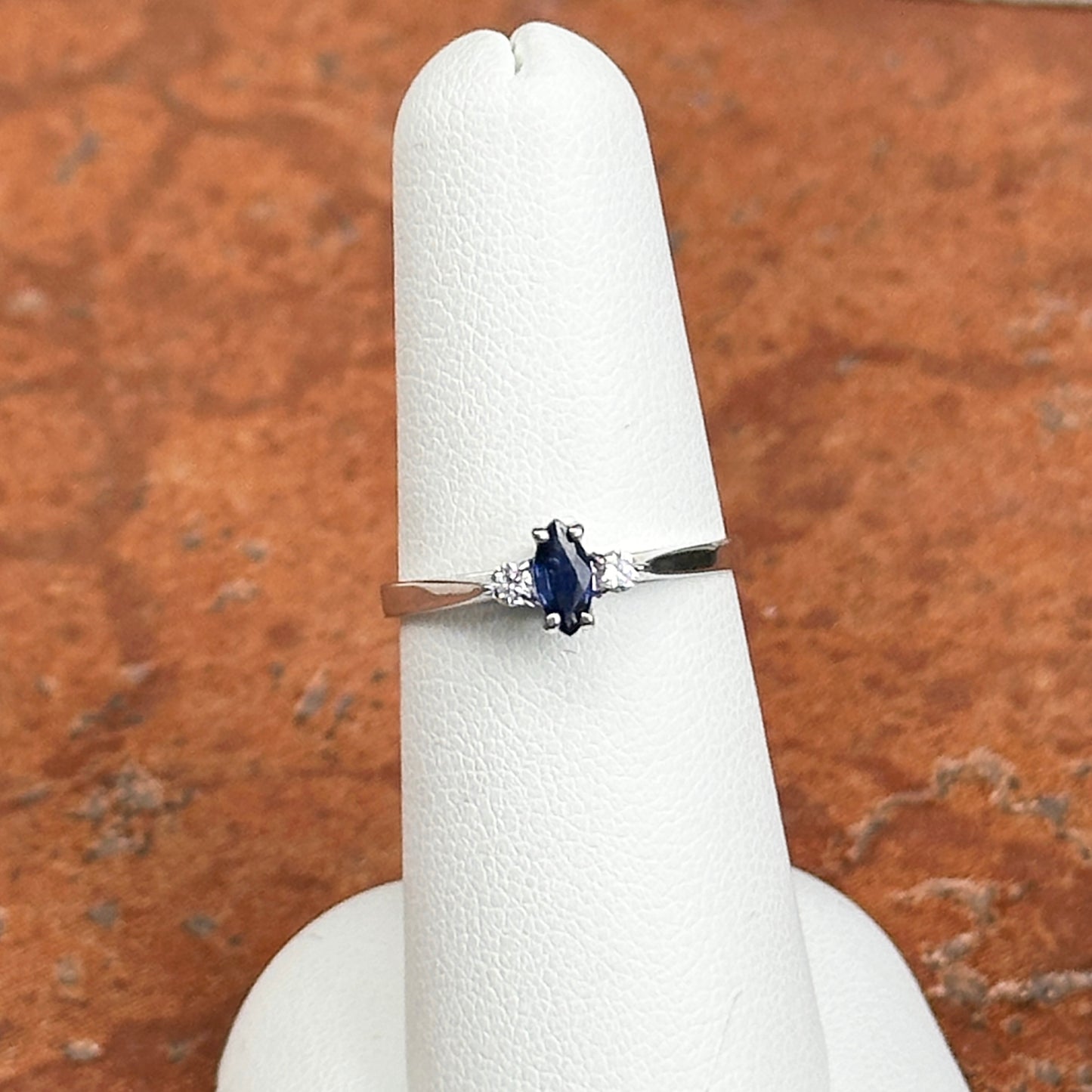 Estate 14KT White Gold Marquise Blue Sapphire + Diamond Ring