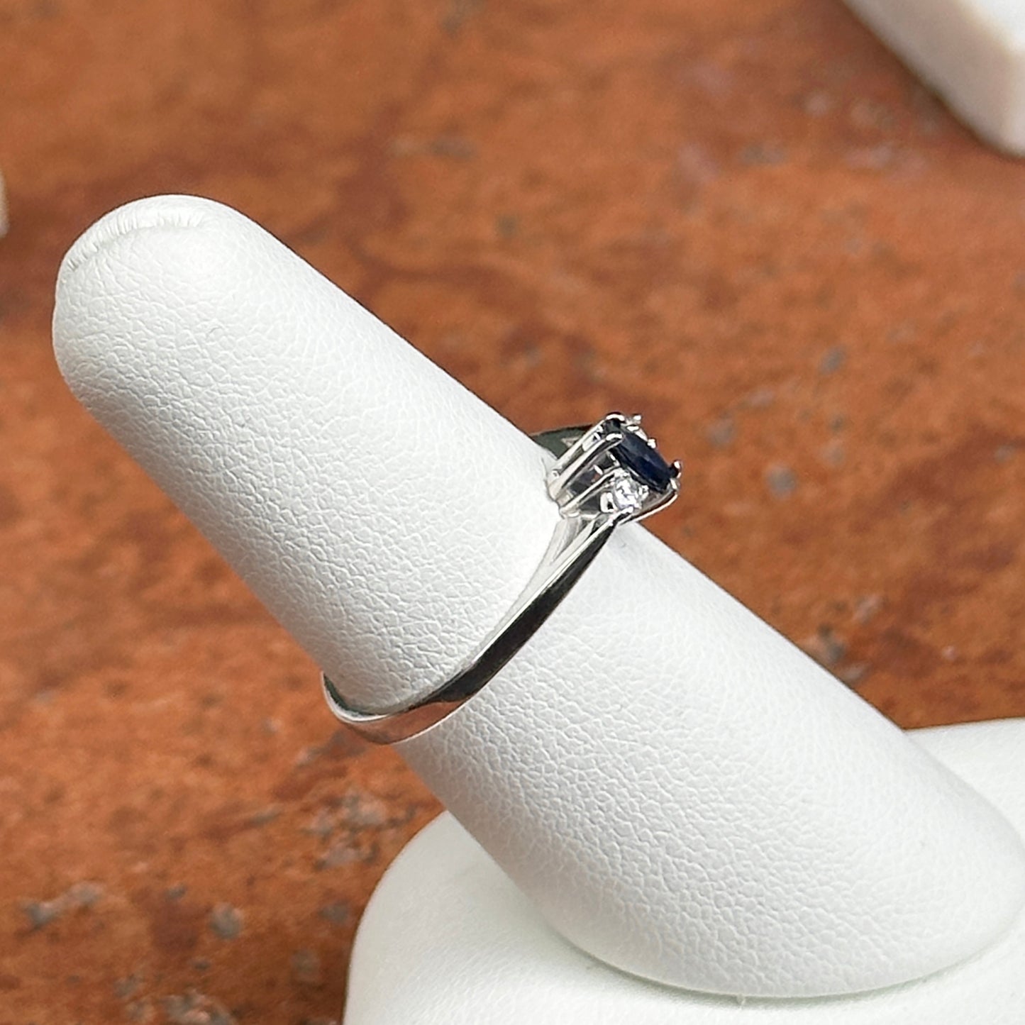 Estate 14KT White Gold Marquise Blue Sapphire + Diamond Ring