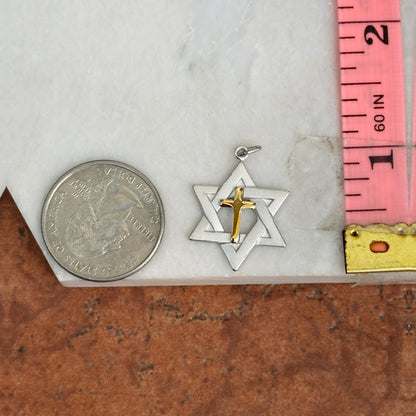 Sterling Silver + Gold-Tone Matte Star of David + Cross Pendant Charm