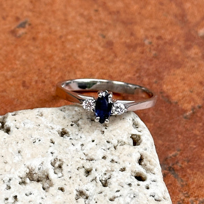 Estate 14KT White Gold Marquise Blue Sapphire + Diamond Ring