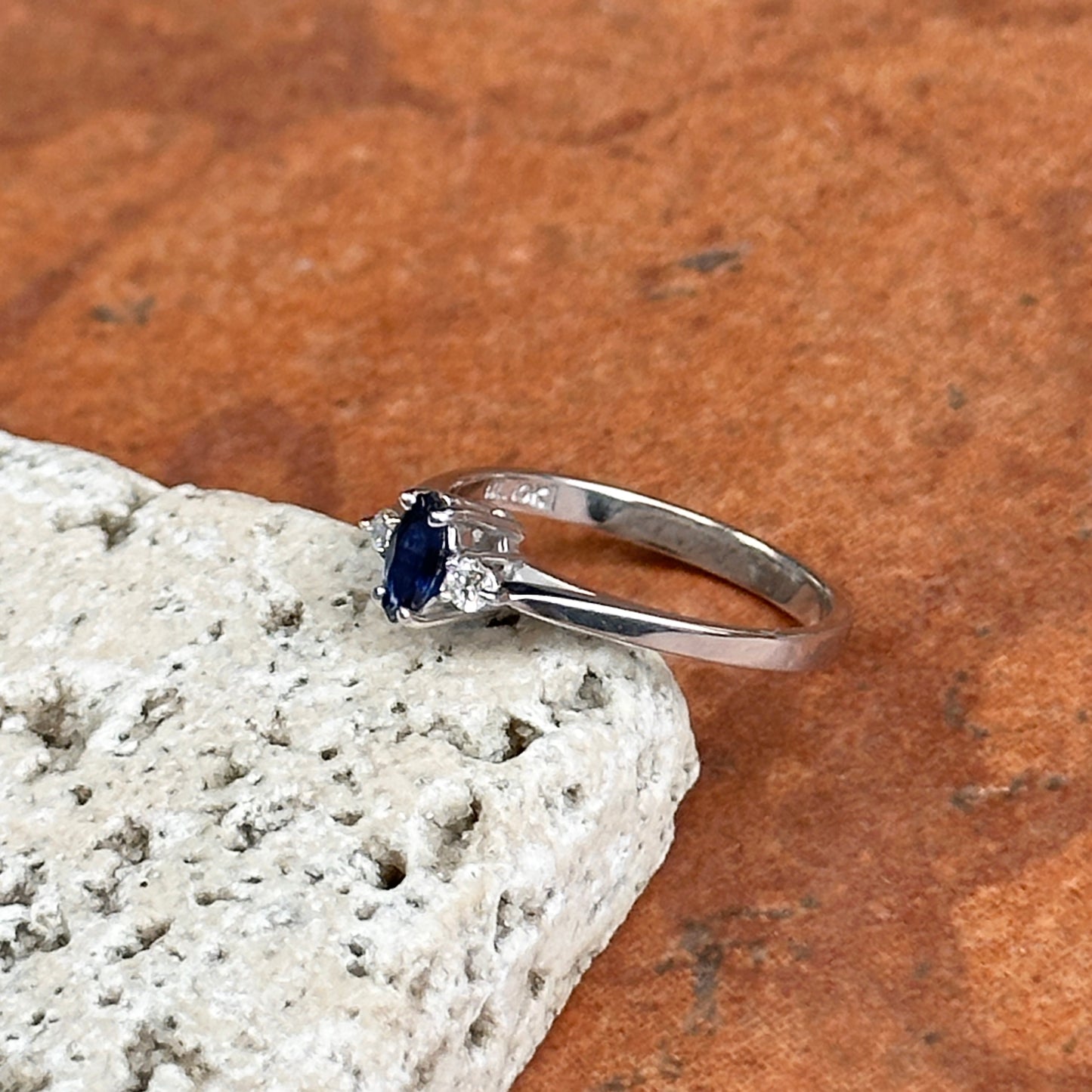 Estate 14KT White Gold Marquise Blue Sapphire + Diamond Ring