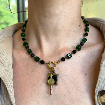 Antique Yellow Tone Deco Czech Glass Chain + Intaglio Watch Fob and Key