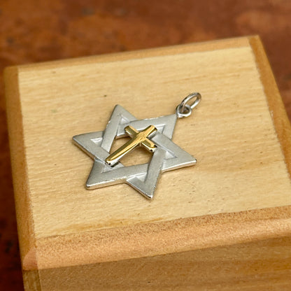 Sterling Silver + Gold-Tone Matte Star of David + Cross Pendant Charm