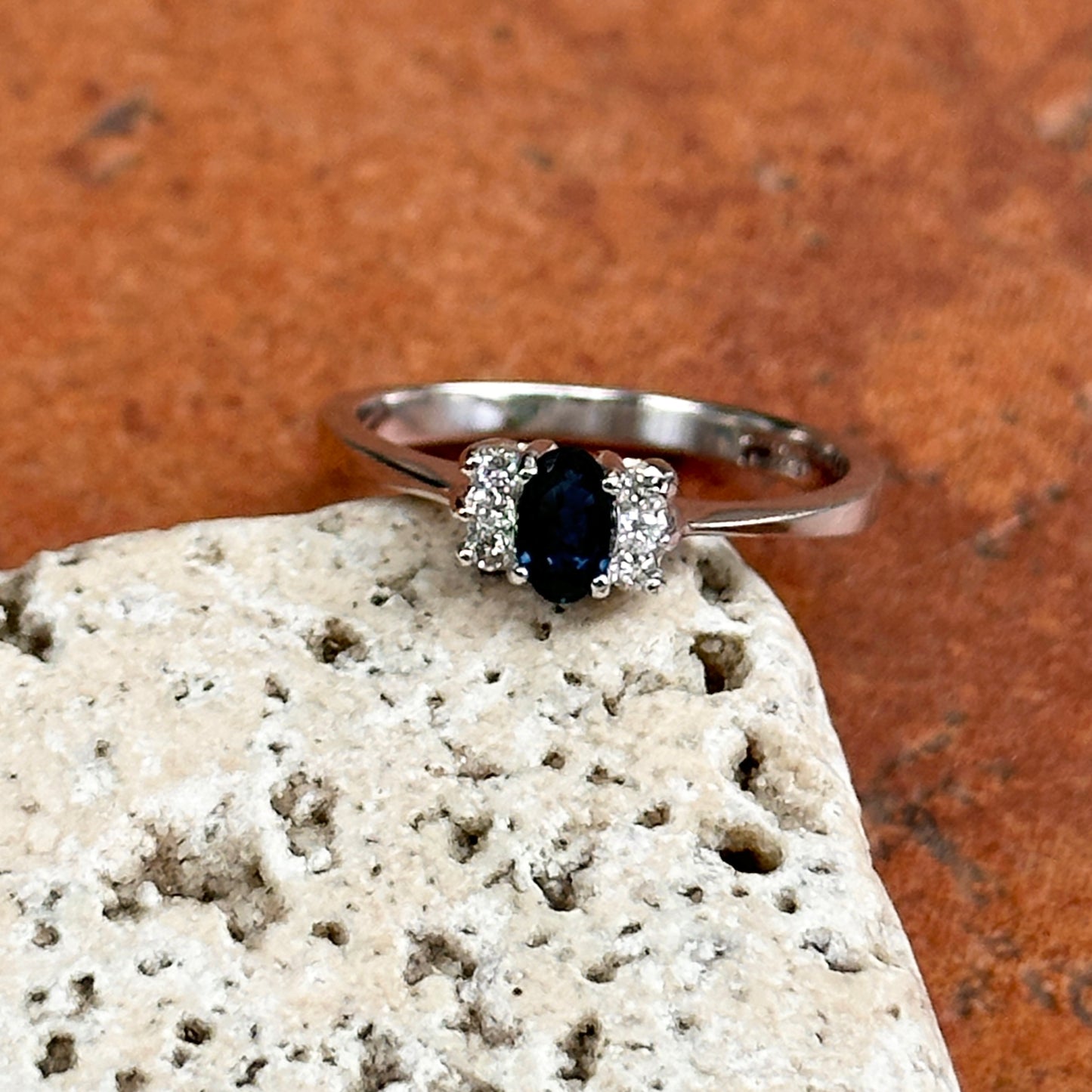 Estate 14KT White Gold Oval Blue Sapphire + Diamond Half-Halo Ring