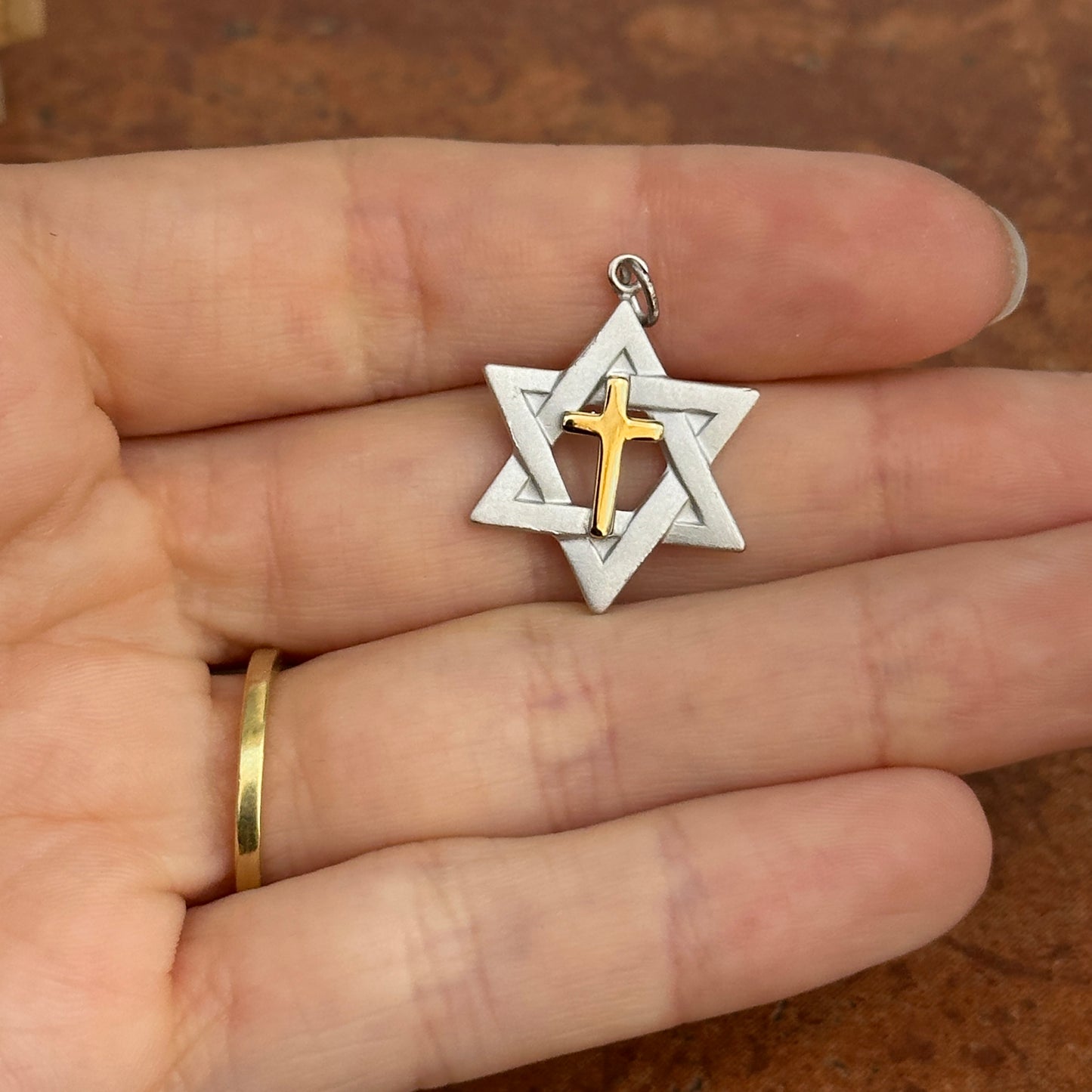 Sterling Silver + Gold-Tone Matte Star of David + Cross Pendant Charm