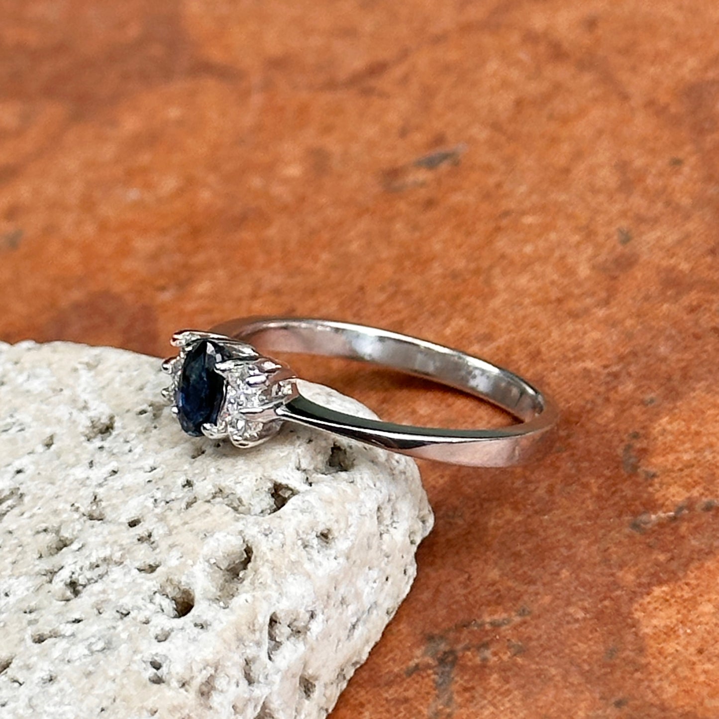 Estate 14KT White Gold Oval Blue Sapphire + Diamond Half-Halo Ring