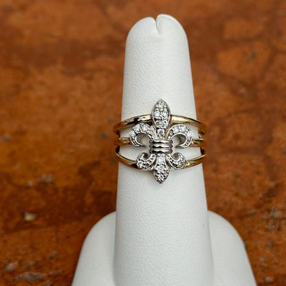 14KT Yellow Gold + White Gold Pave Diamond Fleur de Lis Ring