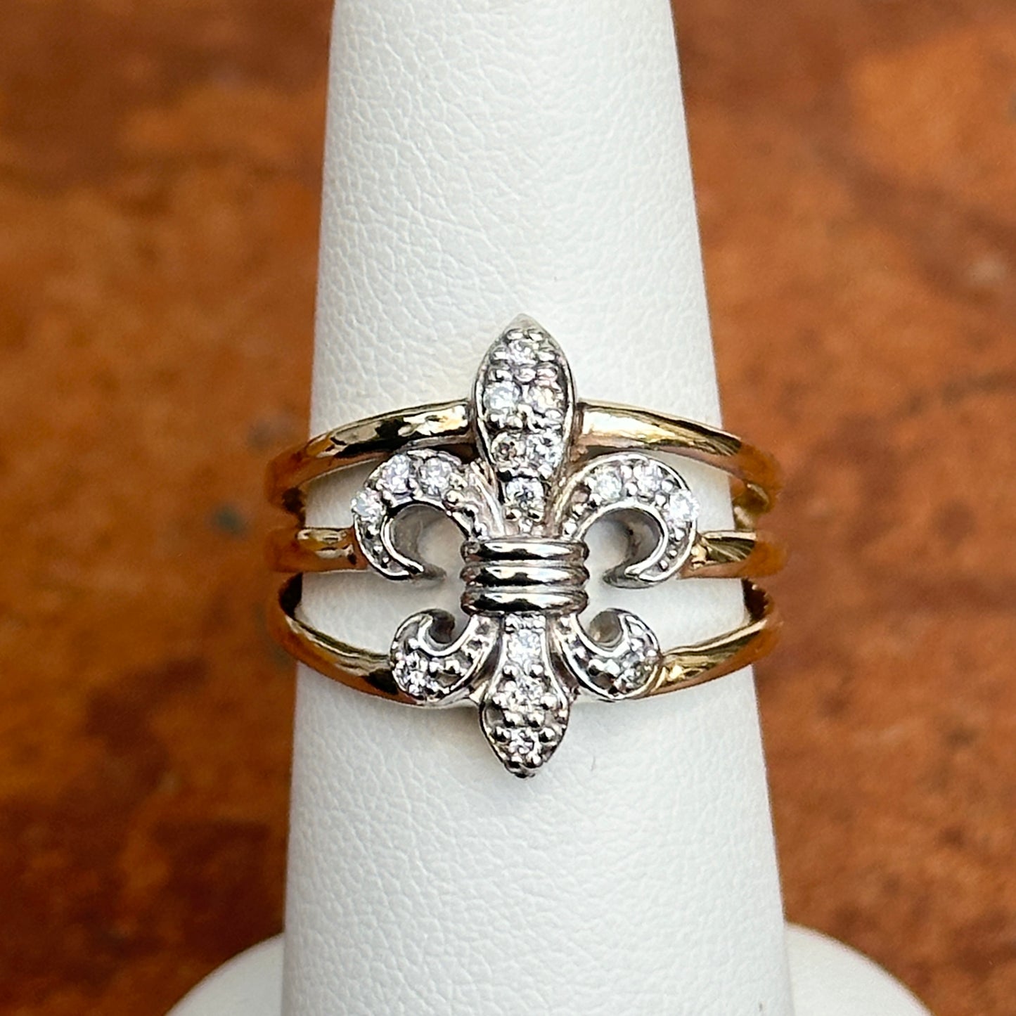 14KT Yellow Gold + White Gold Pave Diamond Fleur de Lis Ring