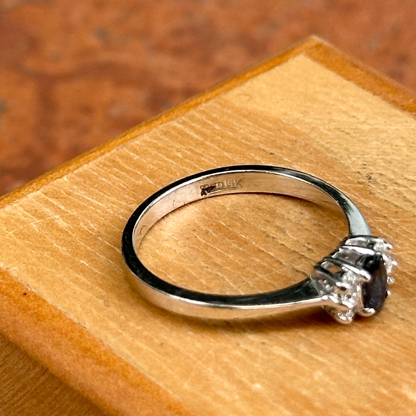 Estate 14KT White Gold Oval Blue Sapphire + Diamond Half-Halo Ring