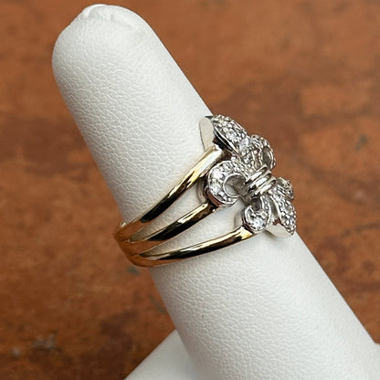 14KT Yellow Gold + White Gold Pave Diamond Fleur de Lis Ring