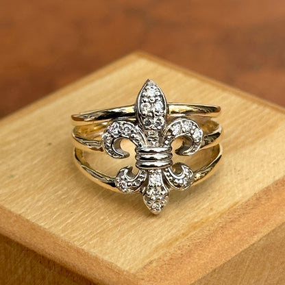 14KT Yellow Gold + White Gold Pave Diamond Fleur de Lis Ring