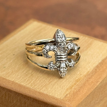 14KT Yellow Gold + White Gold Pave Diamond Fleur de Lis Ring