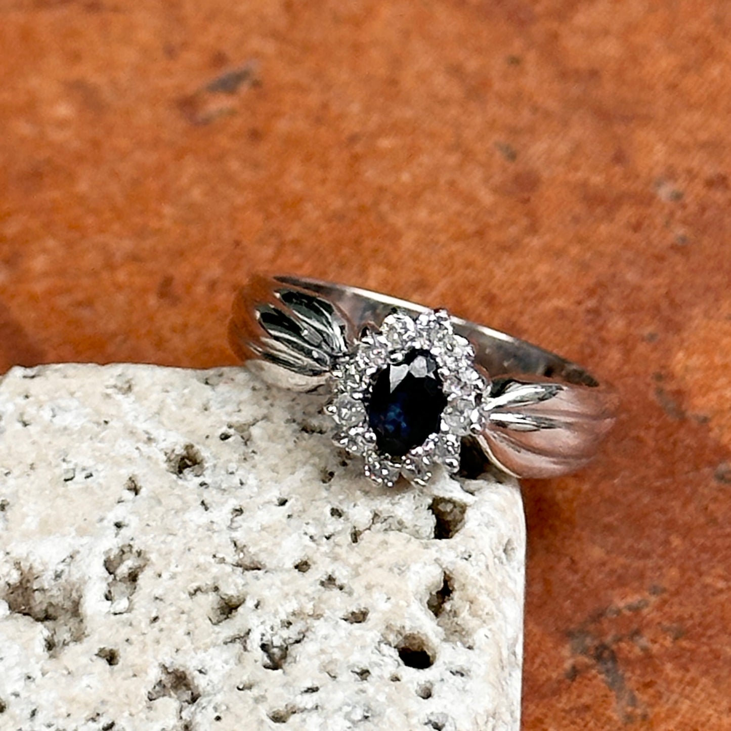 Estate 14KT White Gold Marquise Blue Sapphire + Diamond Halo Ring