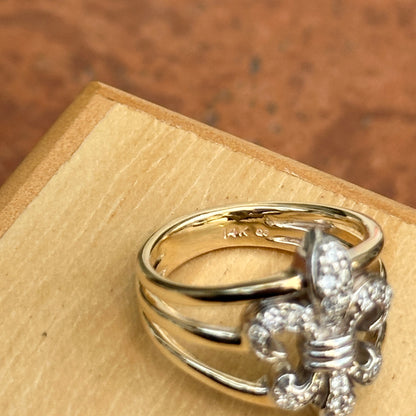 14KT Yellow Gold + White Gold Pave Diamond Fleur de Lis Ring