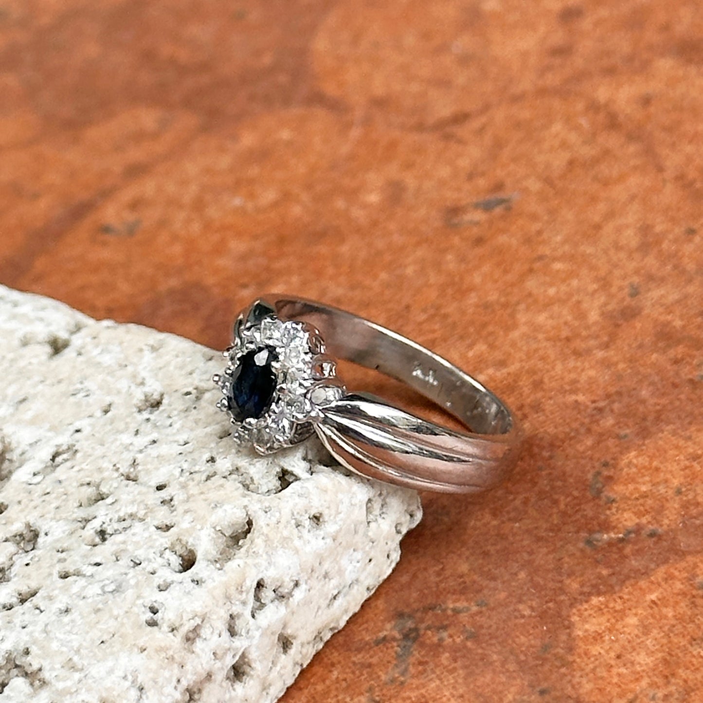 Estate 14KT White Gold Marquise Blue Sapphire + Diamond Halo Ring