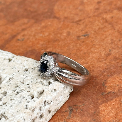 Estate 14KT White Gold Marquise Blue Sapphire + Diamond Halo Ring