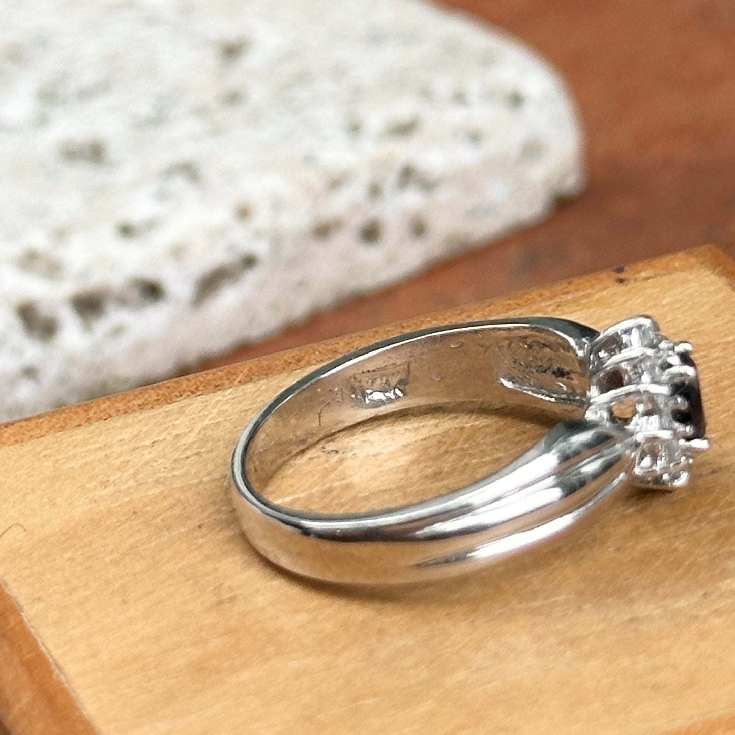 Estate 14KT White Gold Marquise Blue Sapphire + Diamond Halo Ring