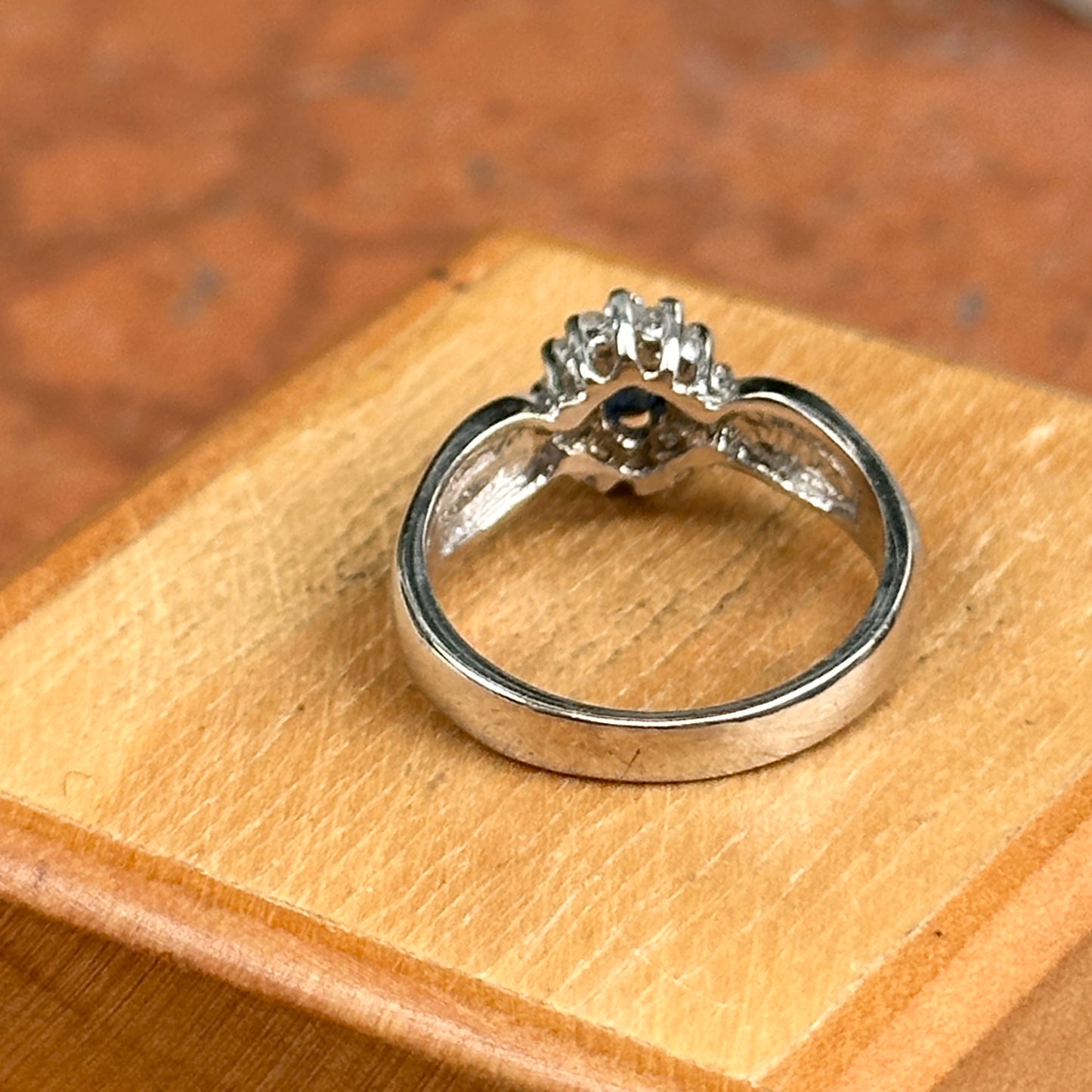 Estate 14KT White Gold Marquise Blue Sapphire + Diamond Halo Ring
