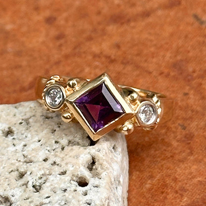 Estate 14KT Yellow Gold Bezel Square Amethyst + Diamond Ring