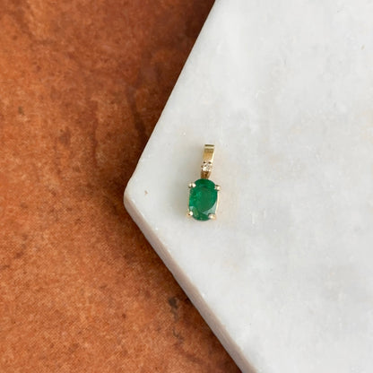 Estate 14KT Yellow Gold Oval Emerald + Diamond Pendant Charm Small