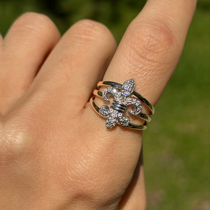 14KT Yellow Gold + White Gold Pave Diamond Fleur de Lis Ring