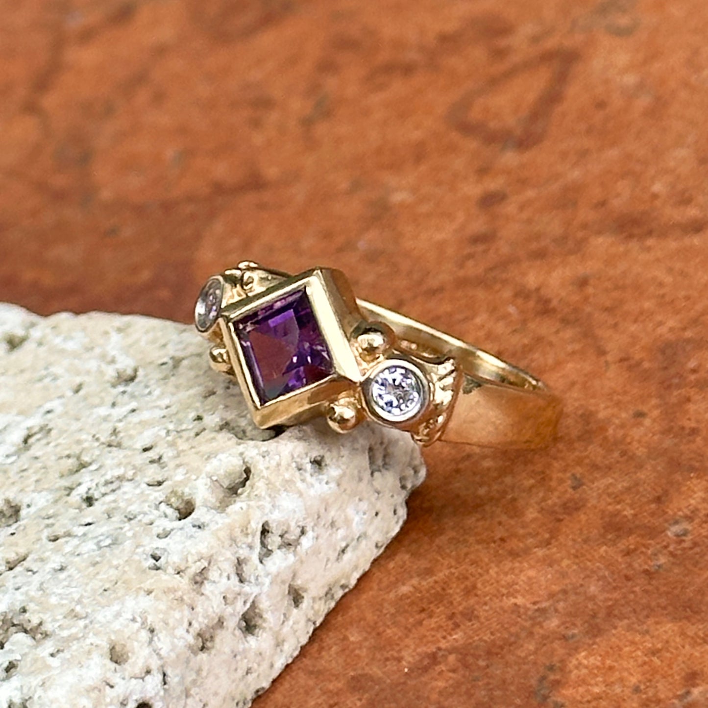Estate 14KT Yellow Gold Bezel Square Amethyst + Diamond Ring