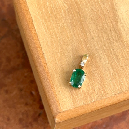 Estate 14KT Yellow Gold Oval Emerald + Diamond Pendant Charm Small