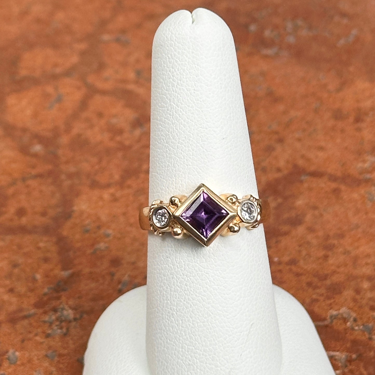 Estate 14KT Yellow Gold Bezel Square Amethyst + Diamond Ring