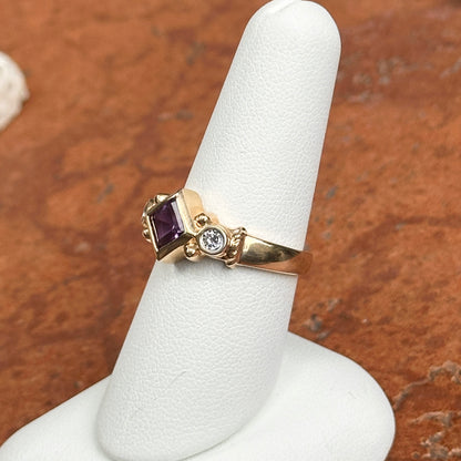 Estate 14KT Yellow Gold Bezel Square Amethyst + Diamond Ring