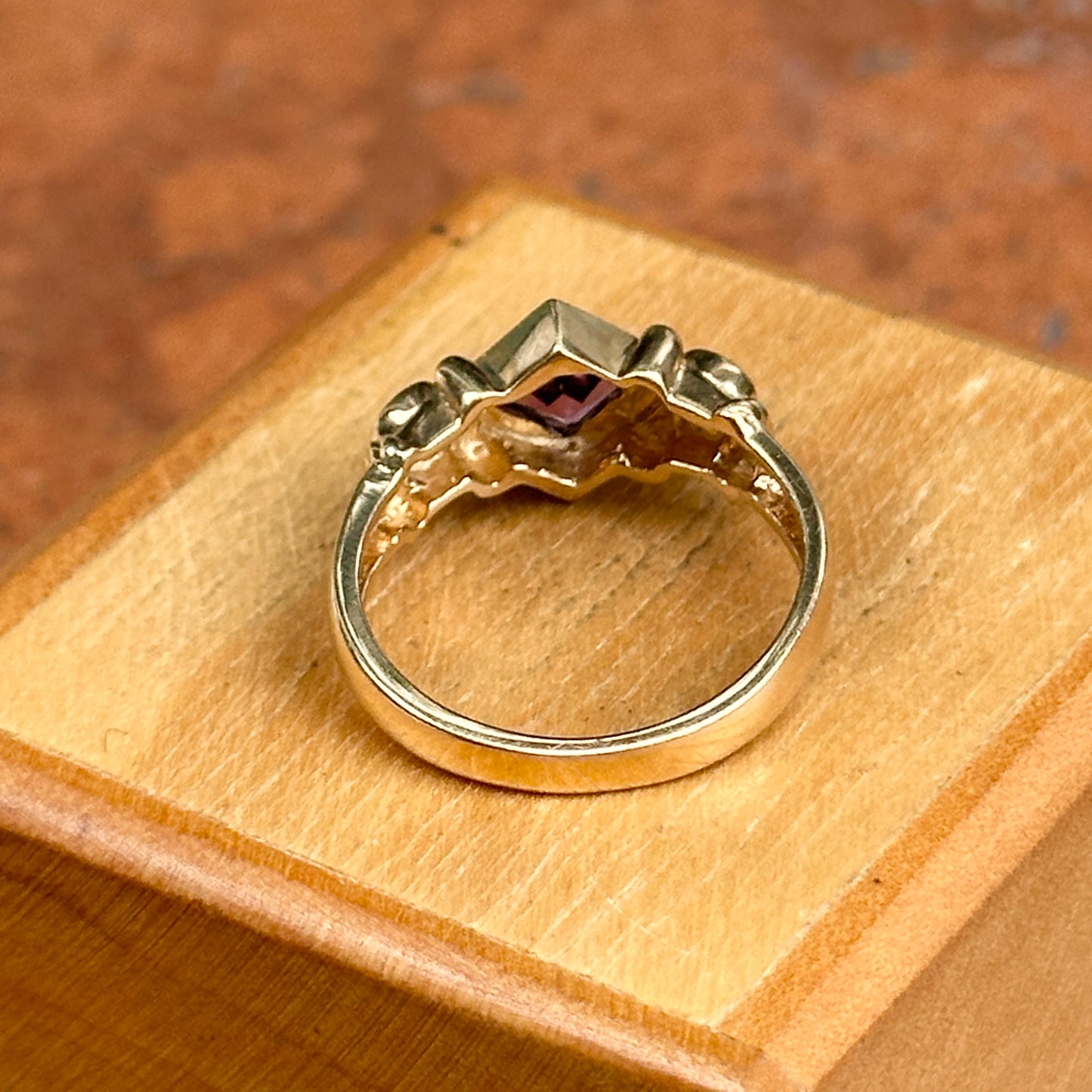 Estate 14KT Yellow Gold Bezel Square Amethyst + Diamond Ring