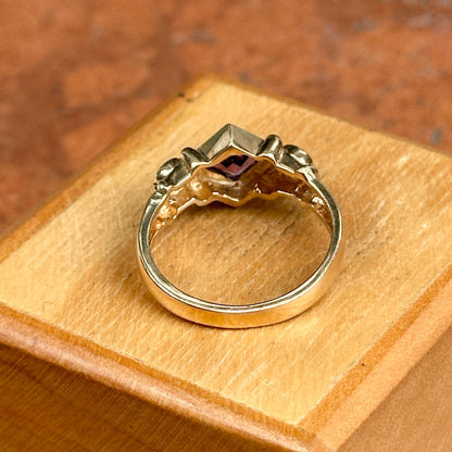 Estate 14KT Yellow Gold Bezel Square Amethyst + Diamond Ring