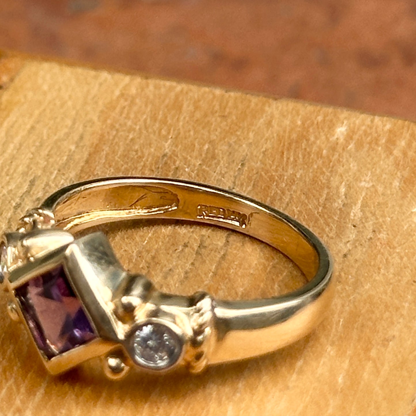 Estate 14KT Yellow Gold Bezel Square Amethyst + Diamond Ring