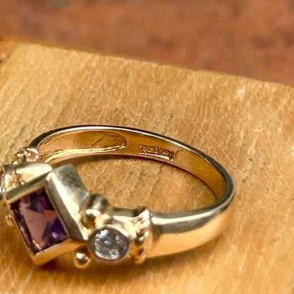 Estate 14KT Yellow Gold Bezel Square Amethyst + Diamond Ring