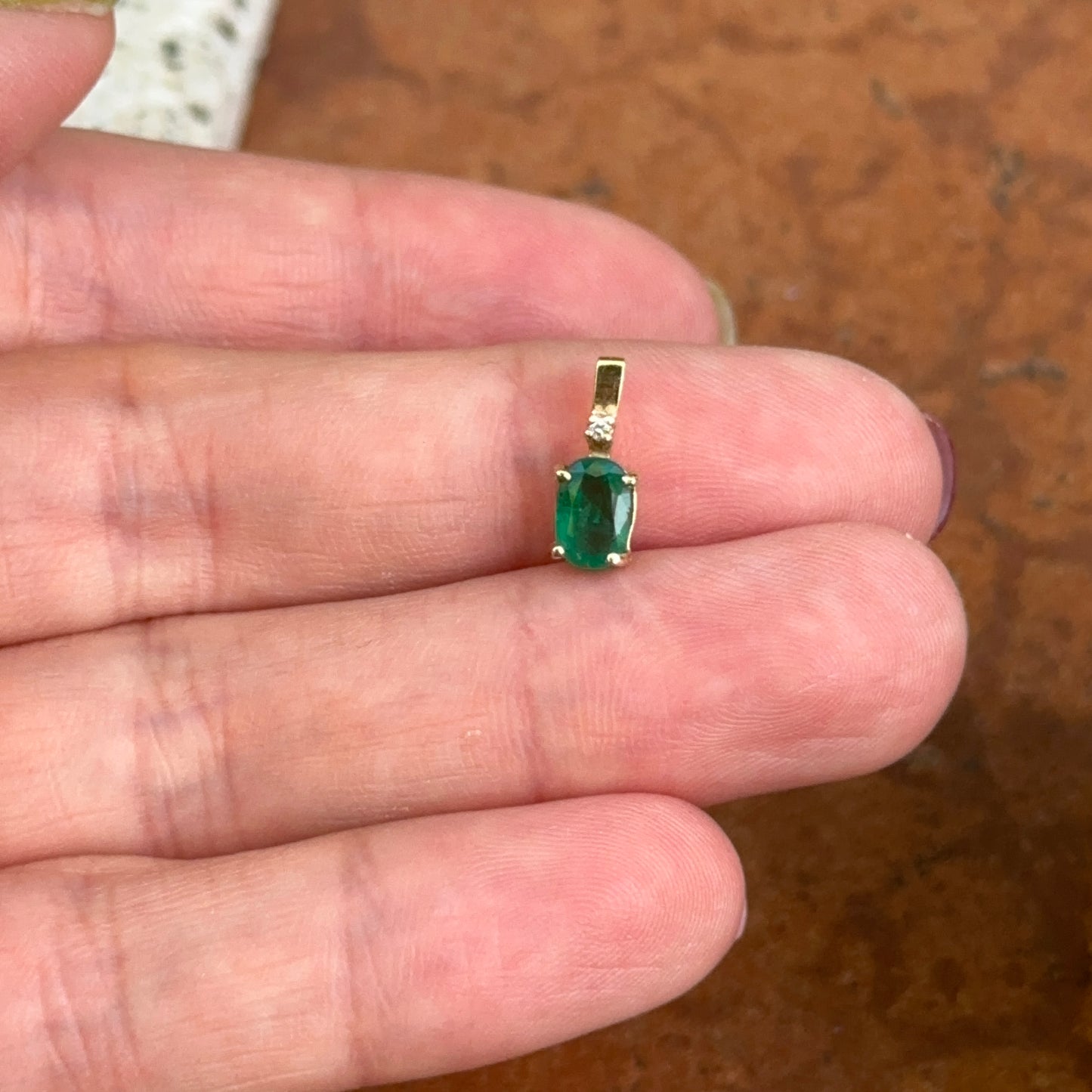 Estate 14KT Yellow Gold Oval Emerald + Diamond Pendant Charm Small