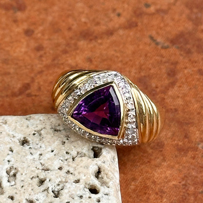 Estate 14KT Yellow Gold Trillion Amethyst + Diamond Dome Ring