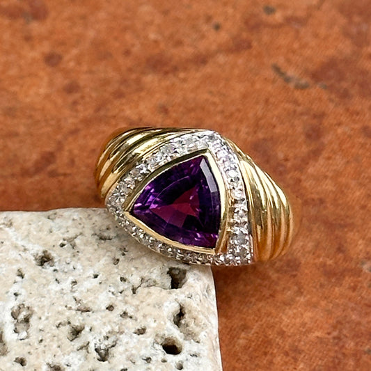 Estate 14KT Yellow Gold Trillion Amethyst + Diamond Dome Ring