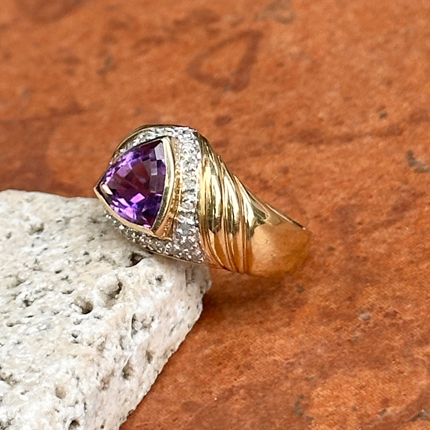 Estate 14KT Yellow Gold Trillion Amethyst + Diamond Dome Ring