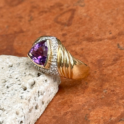 Estate 14KT Yellow Gold Trillion Amethyst + Diamond Dome Ring