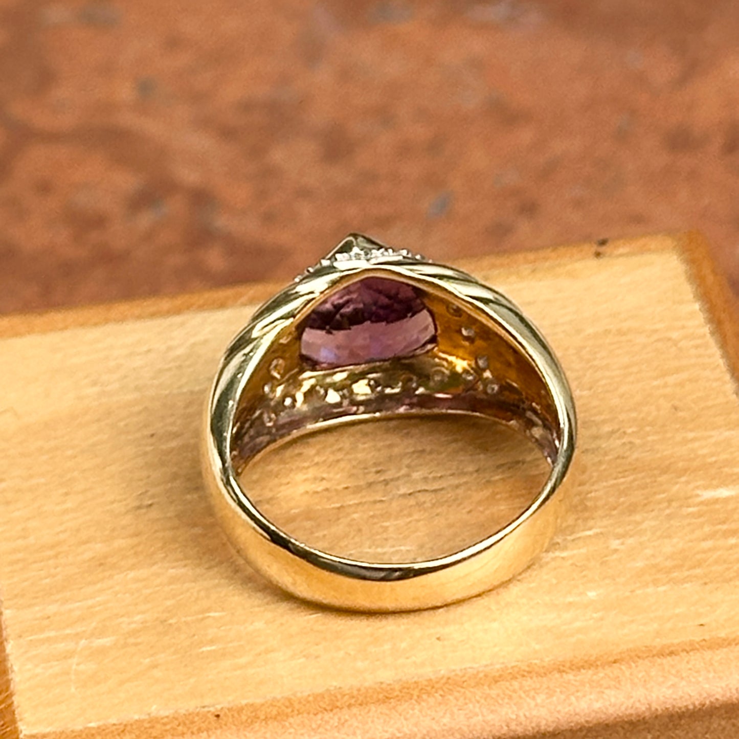 Estate 14KT Yellow Gold Trillion Amethyst + Diamond Dome Ring
