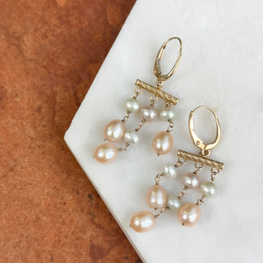 14KT Yellow Gold Hollow Pink Gray White Freshwater Pearl Twist Earrings