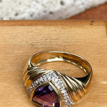 Estate 14KT Yellow Gold Trillion Amethyst + Diamond Dome Ring