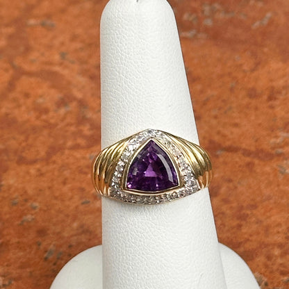 Estate 14KT Yellow Gold Trillion Amethyst + Diamond Dome Ring