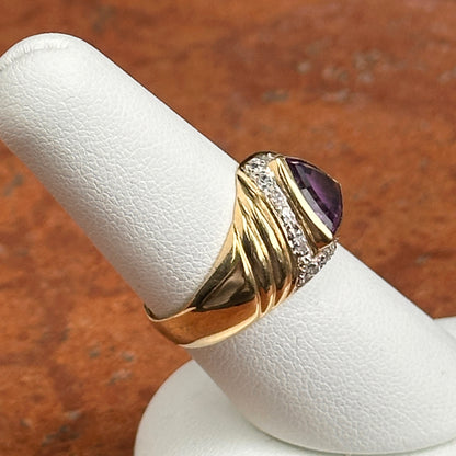 Estate 14KT Yellow Gold Trillion Amethyst + Diamond Dome Ring