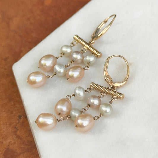 14KT Yellow Gold Hollow Pink Gray White Freshwater Pearl Twist Earrings