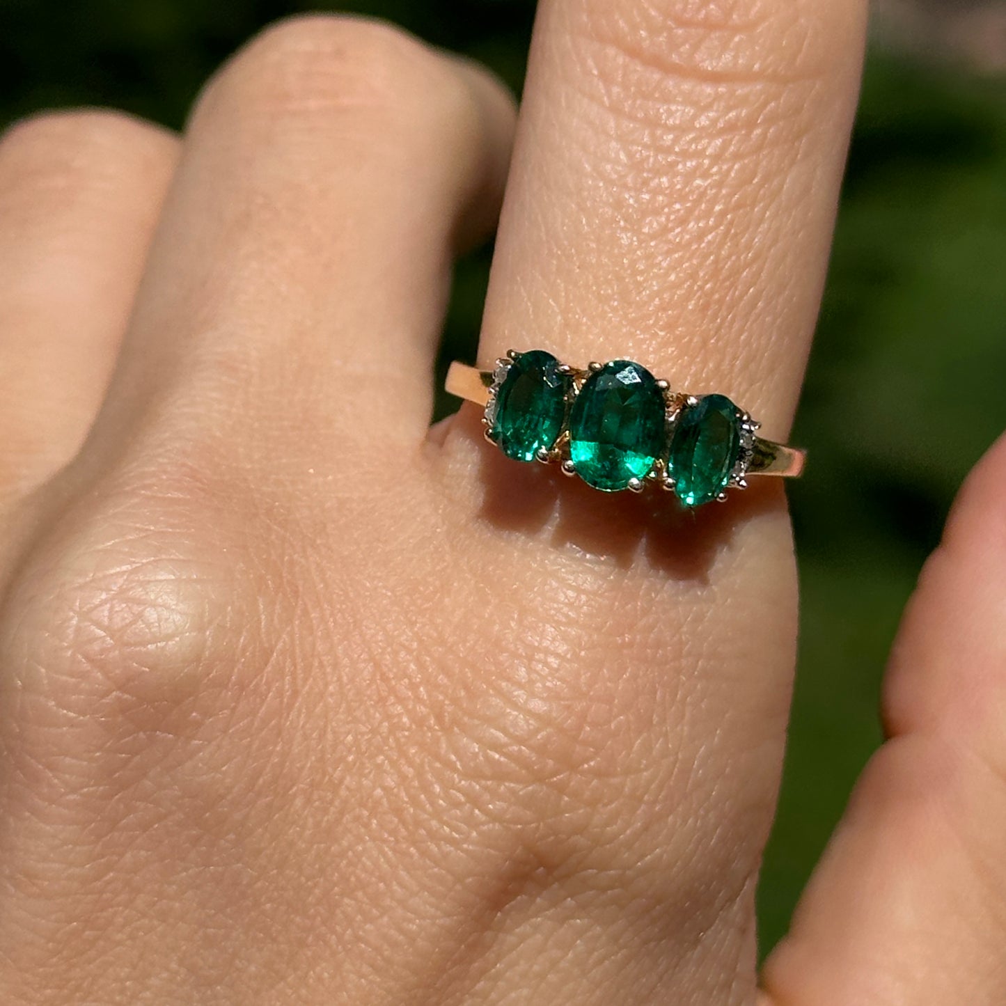 Estate 14KT Yellow Gold Three Stone Oval Lab Emerald + Diamond Ring