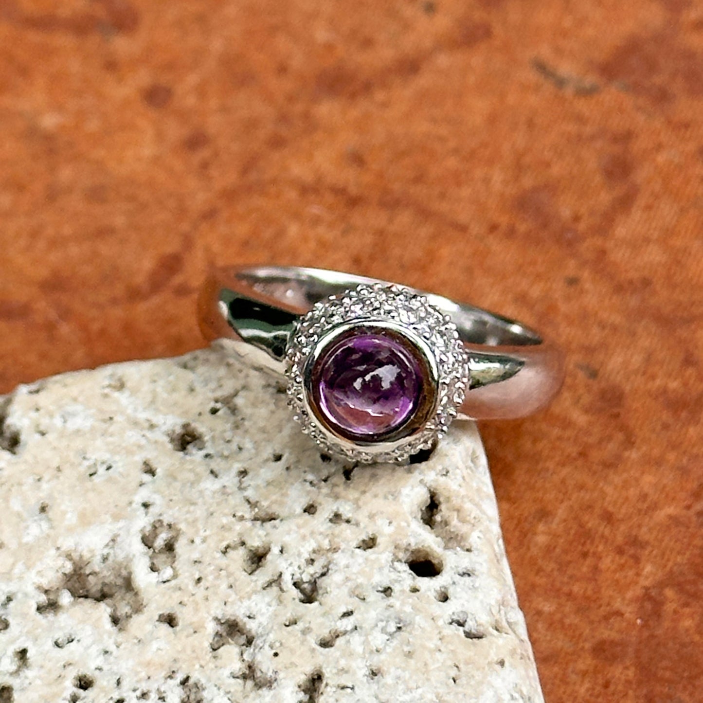 Estate 14KT White Gold Cabochon Amethyst + Pave Diamond Ring