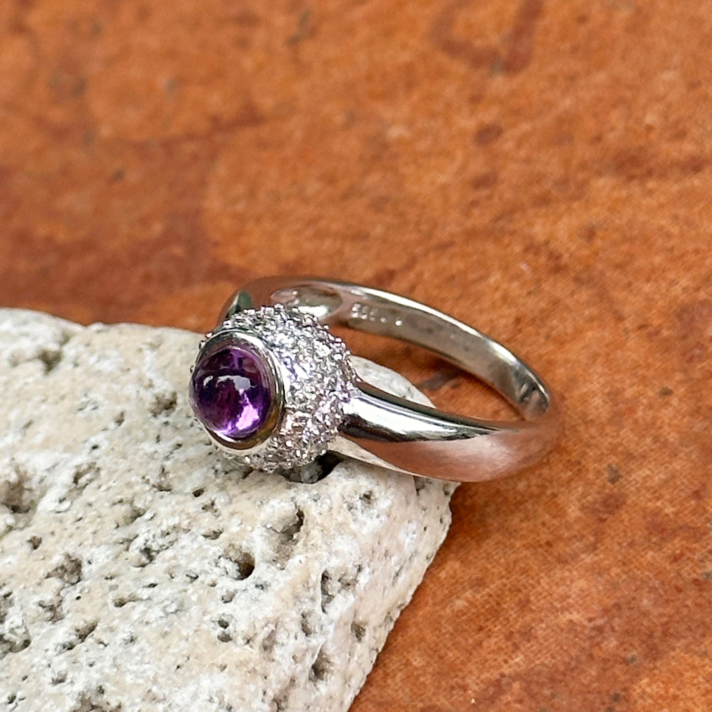 Estate 14KT White Gold Cabochon Amethyst + Pave Diamond Ring