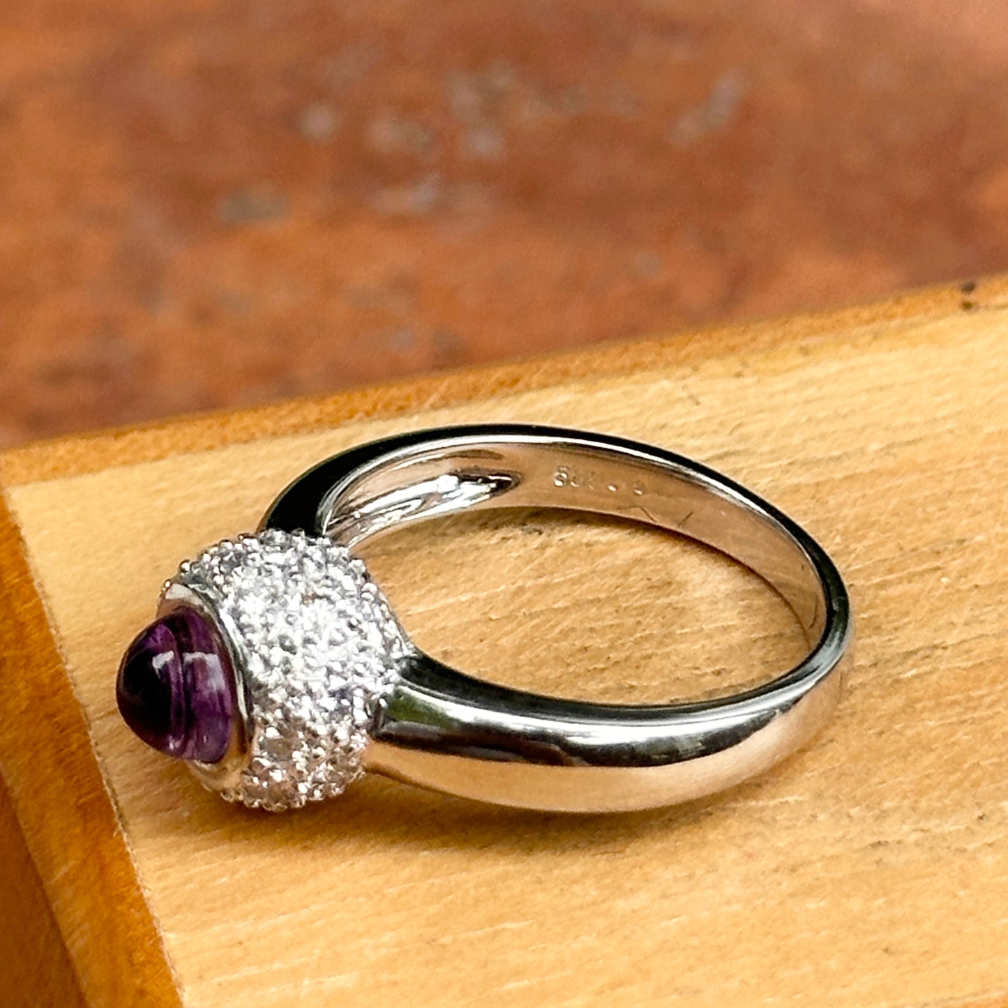 Estate 14KT White Gold Cabochon Amethyst + Pave Diamond Ring